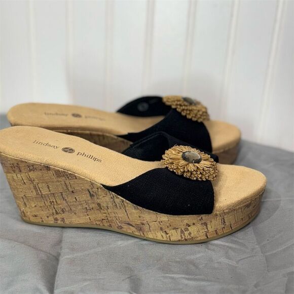 New Lindsay Phillips black wedge sandals 7.5 floral cork heels retro boho glam - Picture 6 of 8